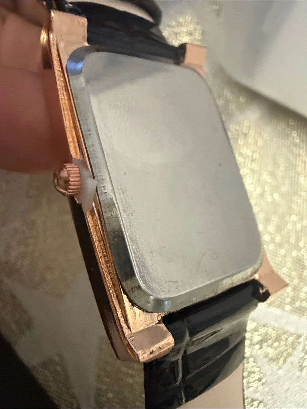 XOXO Rose Gold-Tone Crystal Rectangular Watch with Black Strap